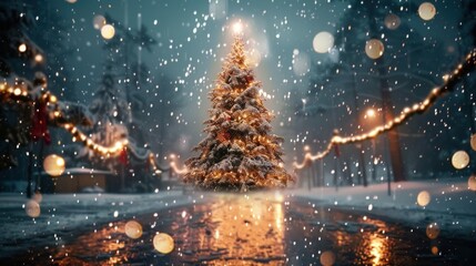 Naklejka premium New Year decorations and Christmas atmosphere on the winter street