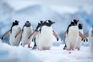  a group of penguins walking, braving the harsh Antarctic conditions, their distinctive black and white plumage standing out against the ice and snow  - obrazy, fototapety, plakaty