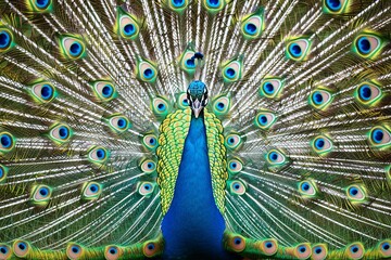 A regal peacock fanning its vibrant feathers, showcasing an impressive array of iridescent blues and greens,