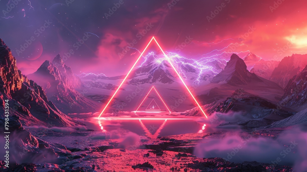 Wall mural 3d rendering. abstract futuristic neon background. fantastic landscape with glowing geometric triang - Wall murals