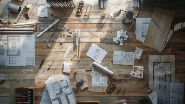 A hazy mix of wooden planks metallic tools and detailed blueprints create the perfect environment for architects to dream and design. .
