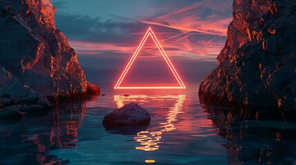3d render, abstract futuristic background with glowing neon triangle, black stones rocks cobble and reflection in the water. Blank showcase scene for product presentation