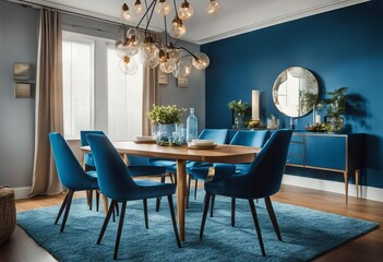 interior blue blue walls ning room Modern chairs
