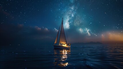 Illuminated Sailboat Sailing Under Starry Night Sky