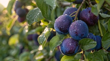 Plums with Morning Dew Hanging on Tree Branches in Orchard