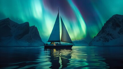 Sailboat Sailing Under the Northern Lights in an Arctic Fjord