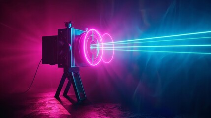 3d render, abstract pink blue projector, neon light over black background