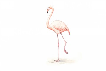 Detailed watercolor of a graceful flamingo, one leg raised, isolated on white, emphasizing its delicate pink feathers and elegant posture
