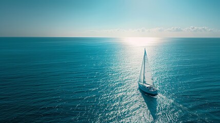 Sailboat Sailing into the Horizon on a Bright and Peaceful Ocean