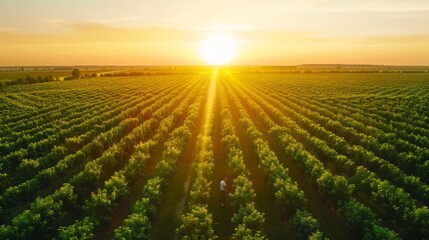 Aerial View of a Large Apple Orchard at Sunset