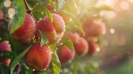 Close Up of Ripe Peaches on a Tree with Morning Dew