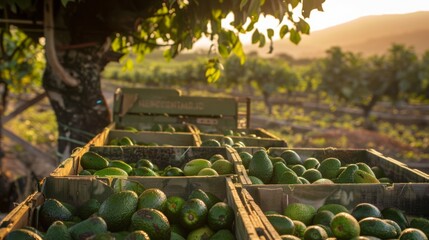 Harvested Avocados in Crates on a Farm