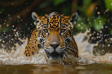 Camouflage male jaguar lurking in forest blue eyes. Jaguar, Panther, front view, isolated on white, shadow. A powerful jaguar emerging from the water after a successful hunt