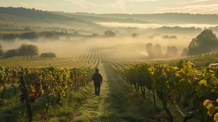 Farmer Walking Through Vineyard with Morning Fog