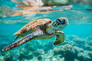 photo of Sea turtle in the island .sea turtle close up over coral reef in Hawaii ,curious sea turtle swimming gracefully through clear turquoise waters, its intricate shell adorned with barnacles 
