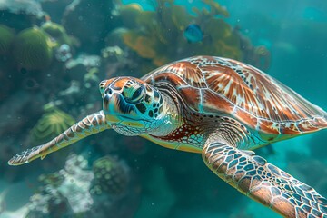 photo of Sea turtle in the island .sea turtle close up over coral reef in Hawaii ,curious sea turtle swimming gracefully through clear turquoise waters, its intricate shell adorned with barnacles 
