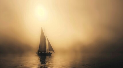 Sailboat Sailing in Golden Morning Fog