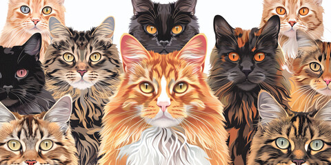 illustration of group of cats on a white background, generative AI