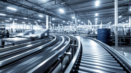 A bustling factory interior with a network of conveyor belts transporting goods, captured in a dynamic photograph, highlighting industry activity on a light background. Generative AI