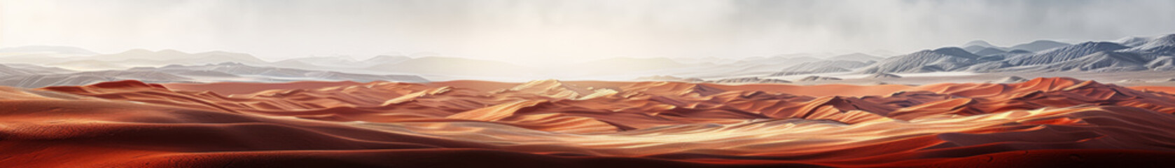 Obraz premium A panoramic view of rolling red sand dunes under a glowing sunrise on a clear background, inspiring adventure. Generative AI