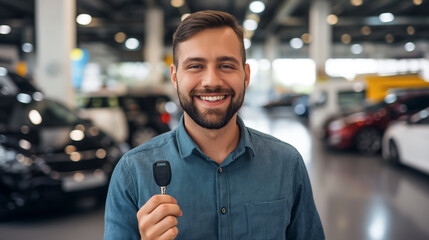 A smiling man holding a car key in a dealership, portraying the concept of purchasing a new vehicle, Generative AI.