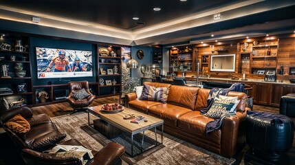 Contemporary Entertainment Room with Leather Furniture and Home Bar
