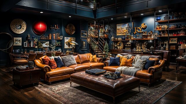 Nautical-Themed Lounge with Leather Sofas and Oceanic Decor