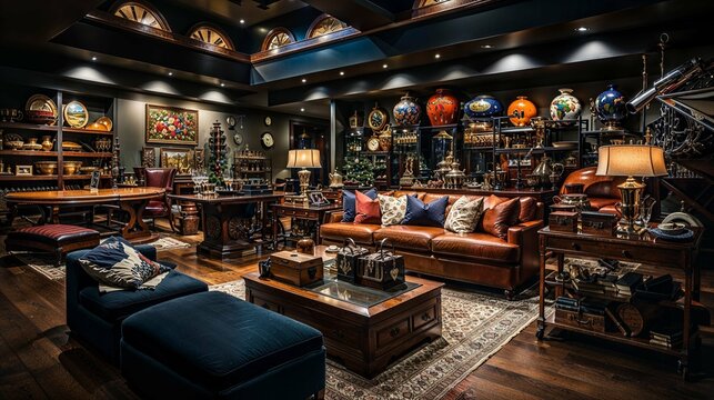 Adventurer's Lounge with Worldly Antiques and Luxe Leather Seating