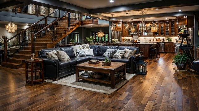 Sophisticated Open-Plan Living Space with Grand Staircase and Home Bar