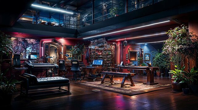 Neon-Lit Industrial Game Room with Billiards and Arcade Machines