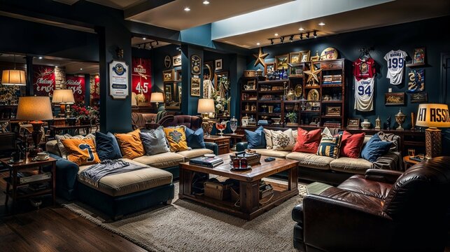 Sports Fan's Dream Lounge with Jersey Wall Display and Plush Seating