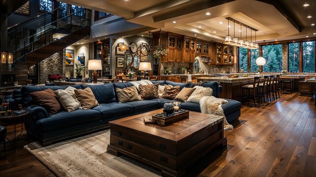 Rustic Grandeur: Expansive Living Room with Bar and Woodland Views
