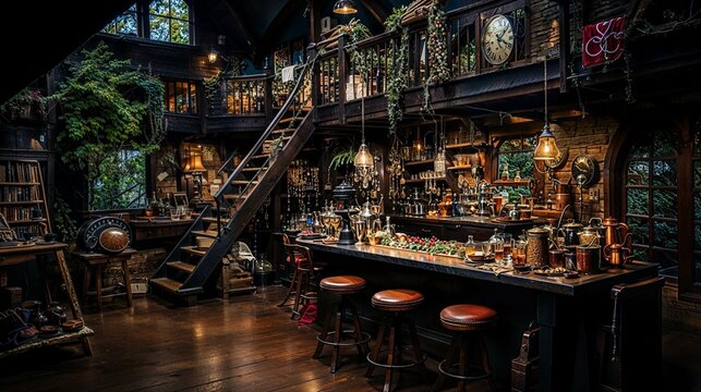 Mystical Antique Library Bar with Gothic Ambiance and Vintage Charm