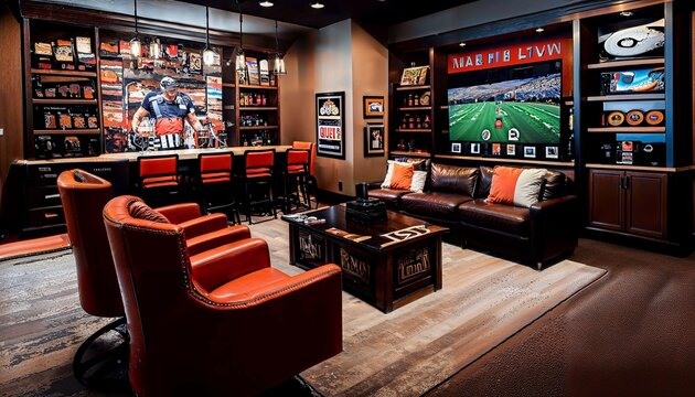 Modern Home Sports Theater with Stadium Seating and Multiple Screens