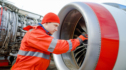 An engineer inspecting a jet engine, wearing a red uniform, with an airplane and open engine compartment in the background, concept of maintenance. Generative AI