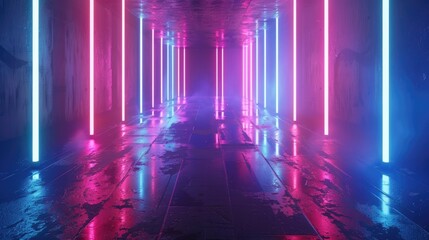 A neon lighted tunnel with a blue and pink glow