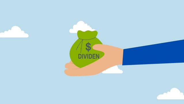 Dividend stocks, animation of investor holding a large wallet labeled Dividends and Dollar Bills.