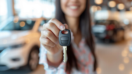 Woman holding a car key in a dealership, with cars blurred in the background, concept of buying a new car. Generative AI