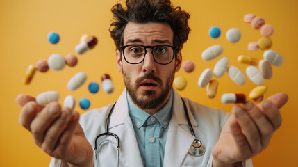 Doctor throwing pills in the air with yellow background 