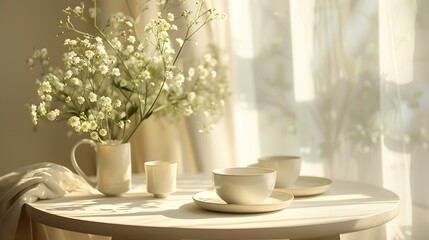 Minimalist style and light luxury, a round table set with three dishes and a cup, with an array of flowers spread out around it.