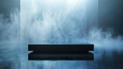 A product display base made of sleek, reflective material, with a foggy background to create a mysterious.