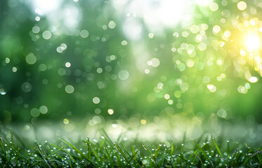 Obraz premium Fresh green grass with dew drops close-up, soft focus with bokeh effect, on natural green background, concept of spring or nature. Generative AI