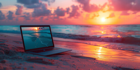 laptop computer sitting on a beach at sunset