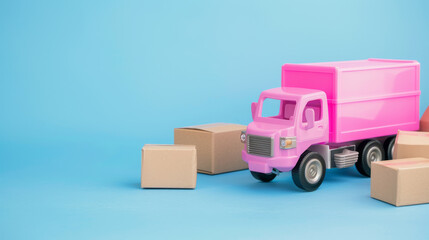 Pink toy delivery truck with cardboard boxes on a blue background, symbolizing fast moving and package delivery concept. Generative AI