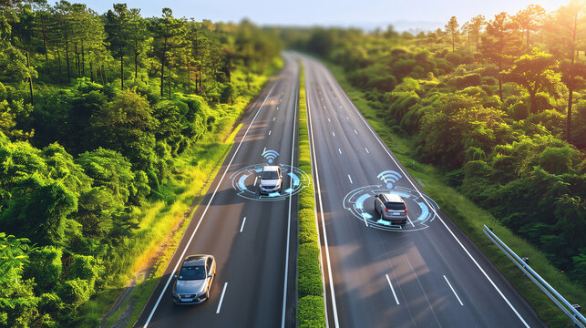 Autonomous smart cars self driving in the forest. Ai generative illustration