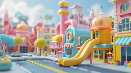 a toy town with a slide and a playground