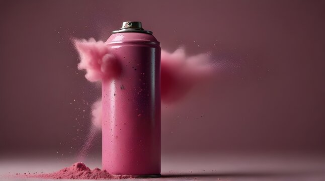 Pink aerosol can with cloud of colored powders stock isolated .Generative AI