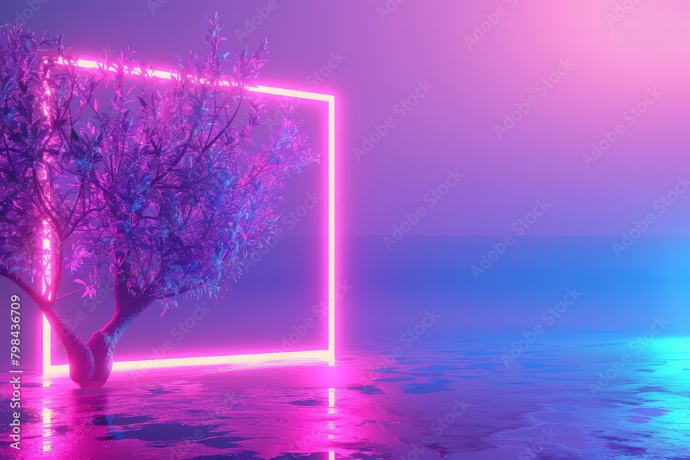 Poster 3d rendering of abstract background with ultraviolet neon lights, empty frame, glowing lines with tree. Purple, blue and pink colors. - Posters