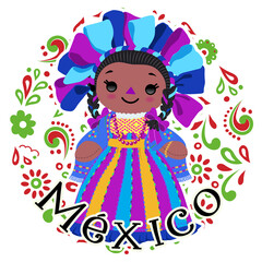 Muñeca de tela con listones de colores en la cabeza