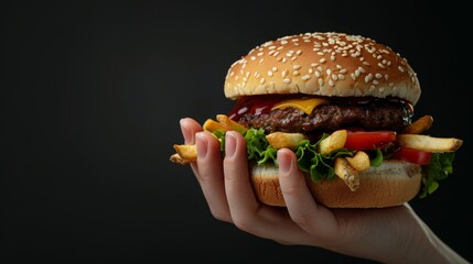 photo advertisement for hand holding Fast food on black background